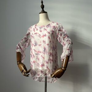 Silk Floral Print Blouse Sheer Layered Top